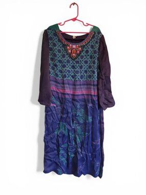 Anthropologie Bl-ink London Beaded Bird Print Dress Long Sleeve Women's Size XS